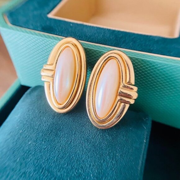 Vintage Givenchy Oval Pearl Cabochon Earrings Pierced - Picture 5 of 5